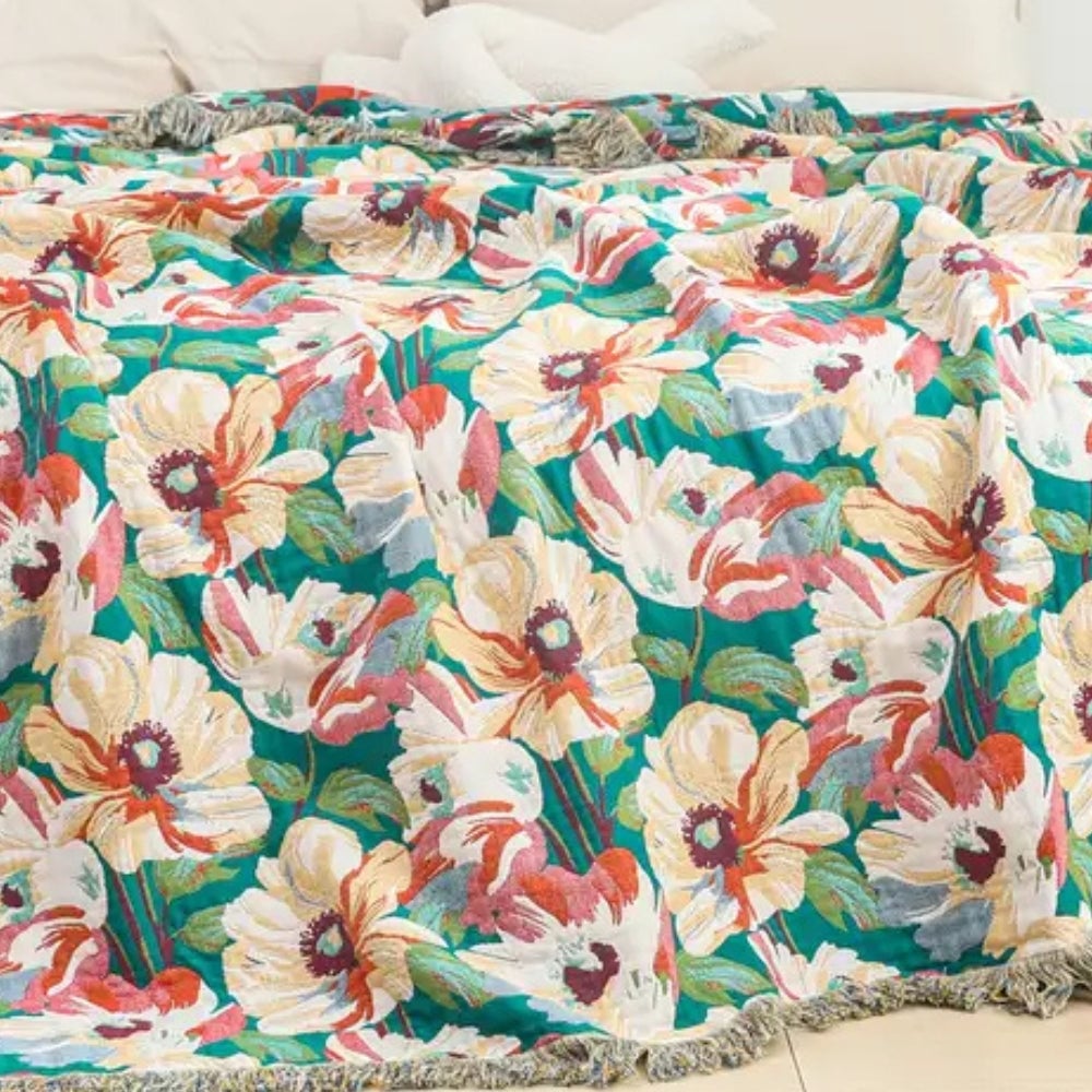 Sunlit Floral Tassel Cotton Blanket