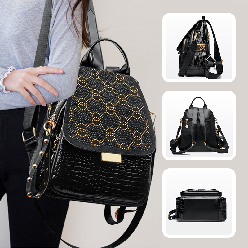 🎒Women's Black Large Capacity Sparkling Rhinestone & Geometric Print Backpack✨