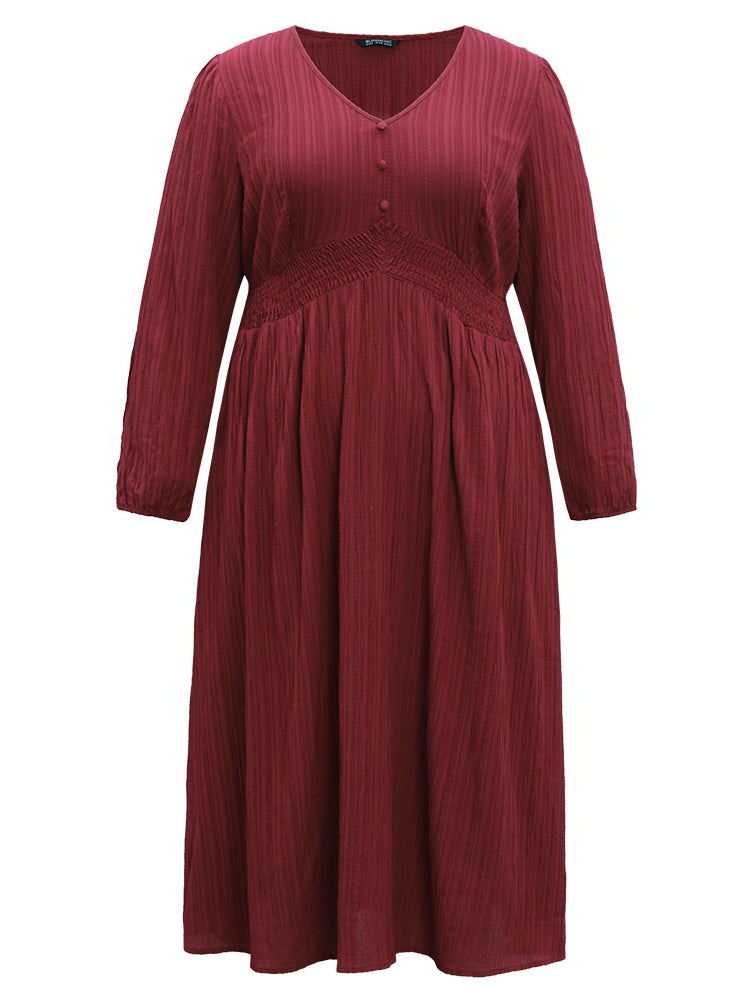 Solid Plisse Button Detail Shirred Dress