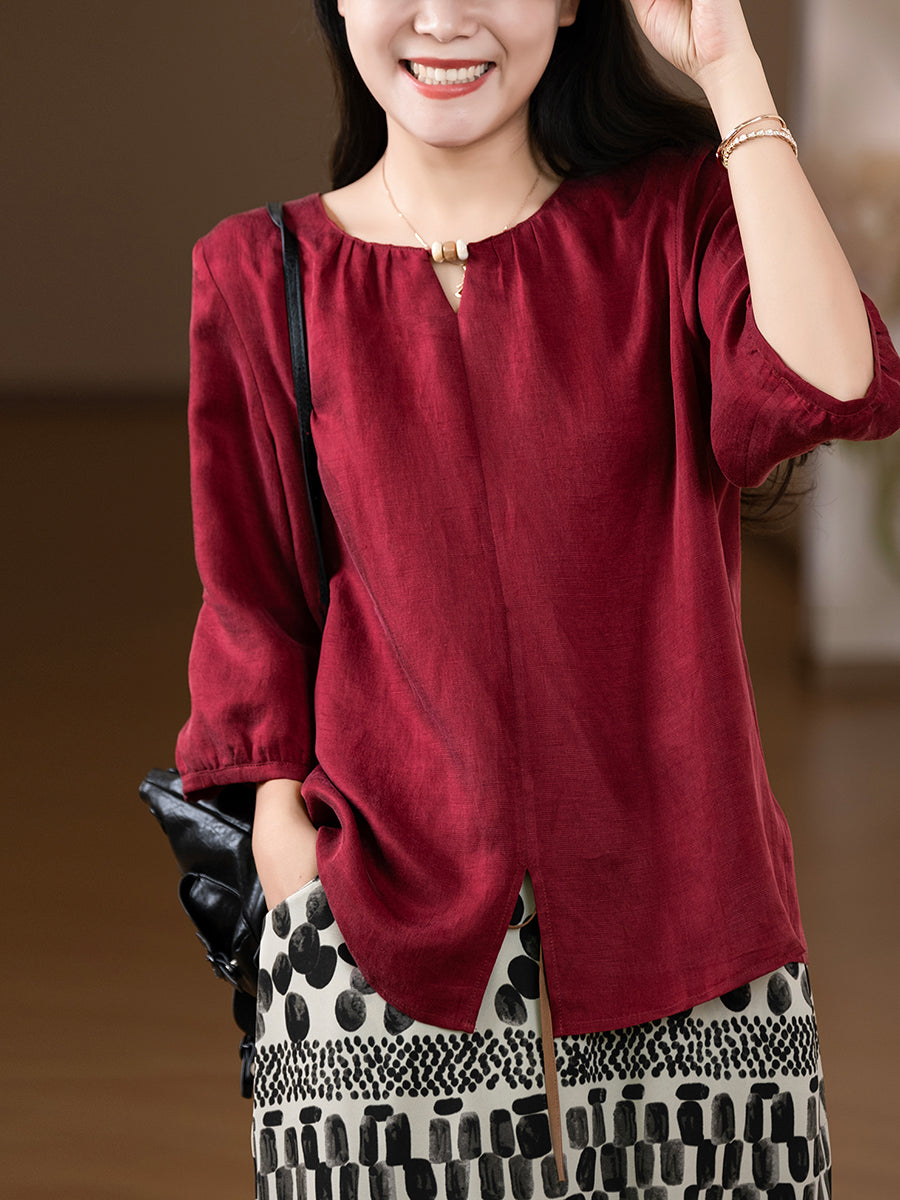 Women Summer Casual Pure Color Linen O-Neck Shirt