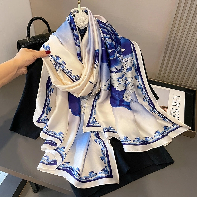 Women's Casual Elegant Printing Rose Satin Printing And Dyeing Printing Floral Silk Scarf Scarf