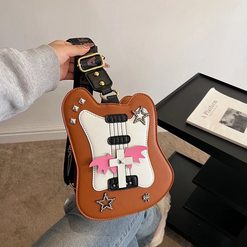 Women's Medium Pu Leather Star Wings Streetwear Guitar Type Zipper Crossbody Bag