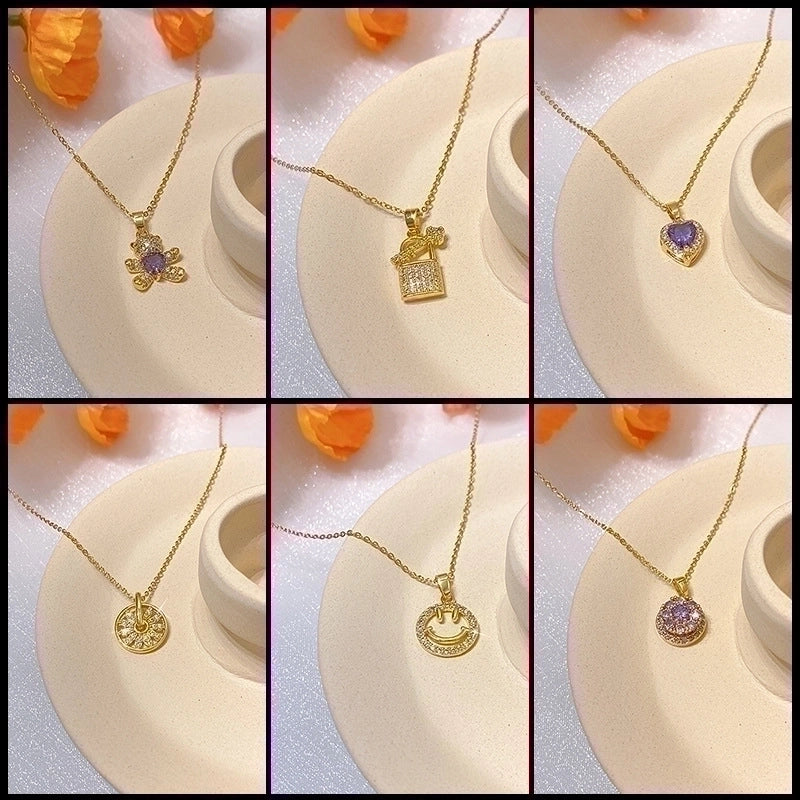 Titanium Steel Lady Inlay Heart Shape Flower Artificial Gemstones Pendant Necklace