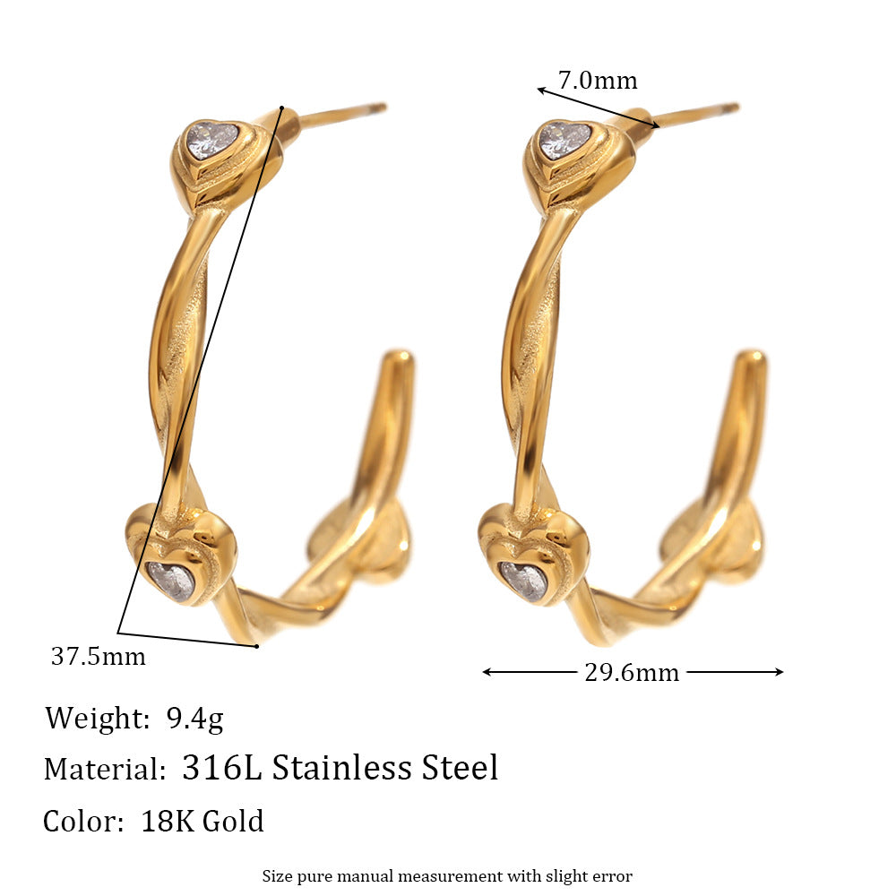 Fashion Niche Simple Retro Earrings Stainless Steel Plated 18K Gold Casting Micro-Inlaid Wave Earrings For Women