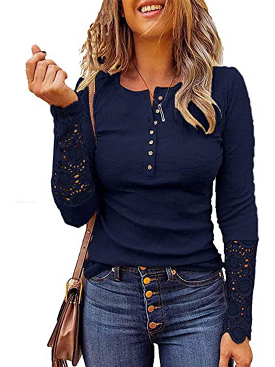 Round Neck Stitching Lace Long Sleeve T-Shirt(14 colors)