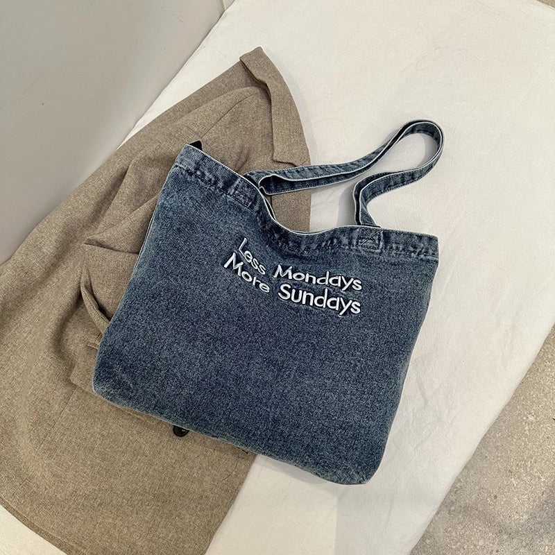 Women's Denim Letter Vintage Style Sewing Thread Square Magnetic Buckle Tote Bag