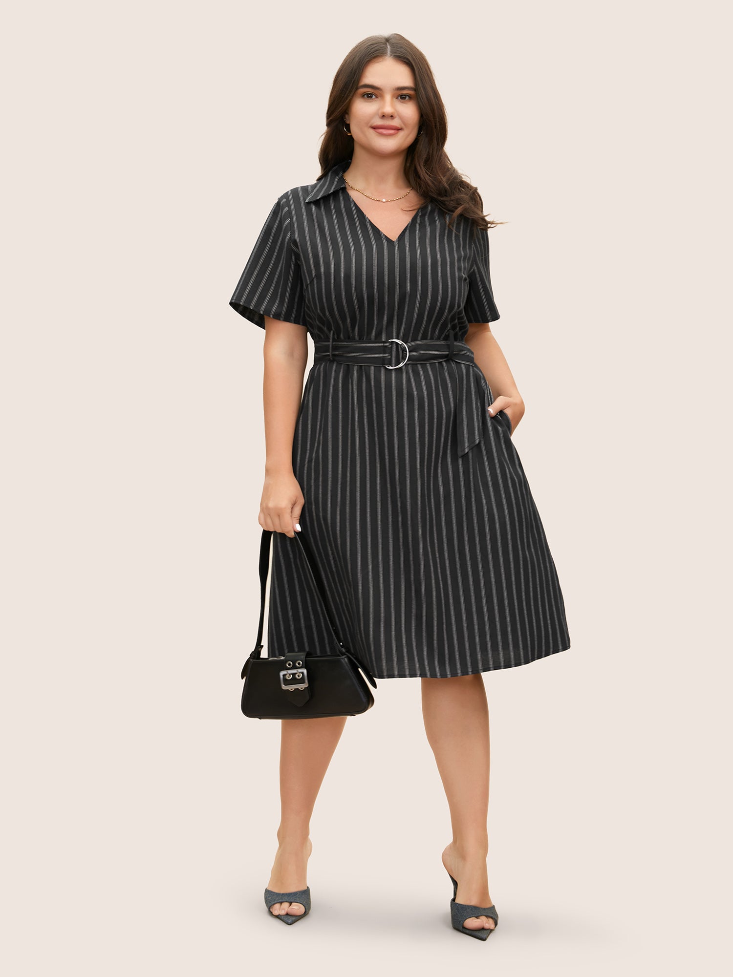 Striped Shirt Collar Buckle Detail Belted Dress