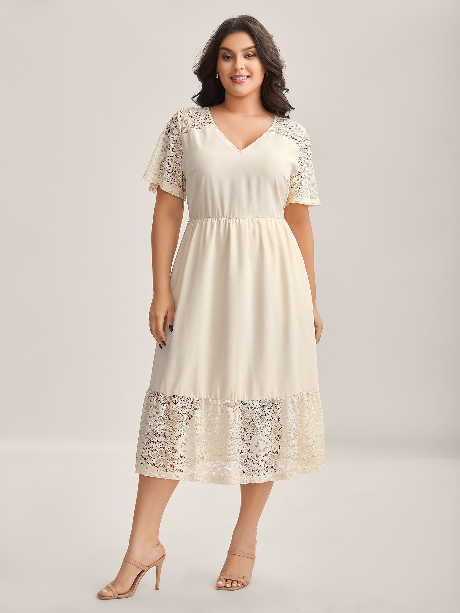 Sheer Lace Pockets Solid Midi Dress