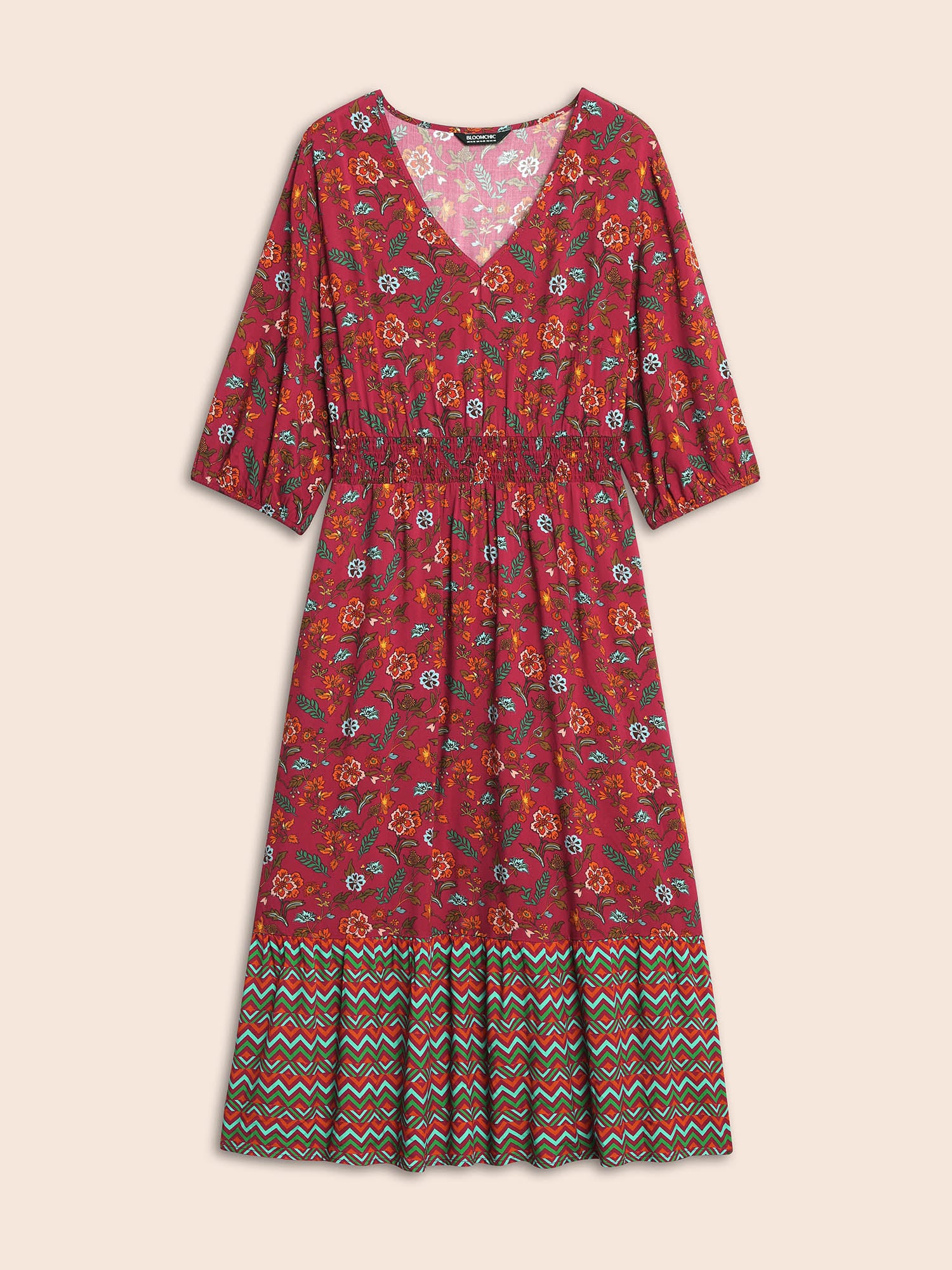 V Neck Bandana Print Shirred Dress