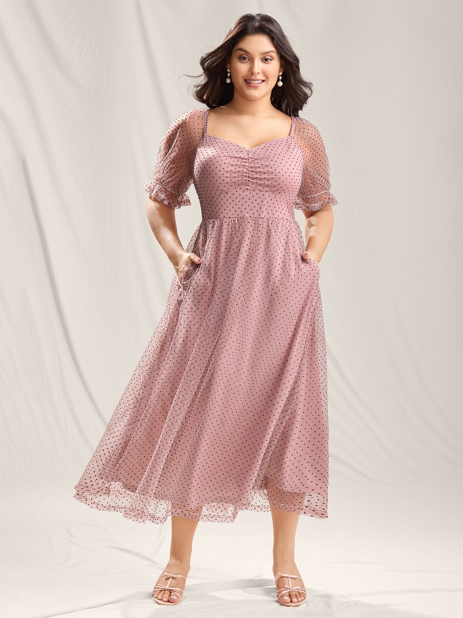 Polka Dot Print Ruched Textured Midi Dress