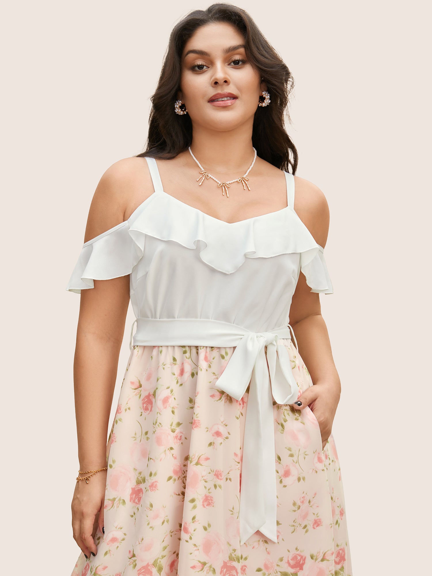 Chiffon Floral Patchwork Ruffle Trim Midi Dress