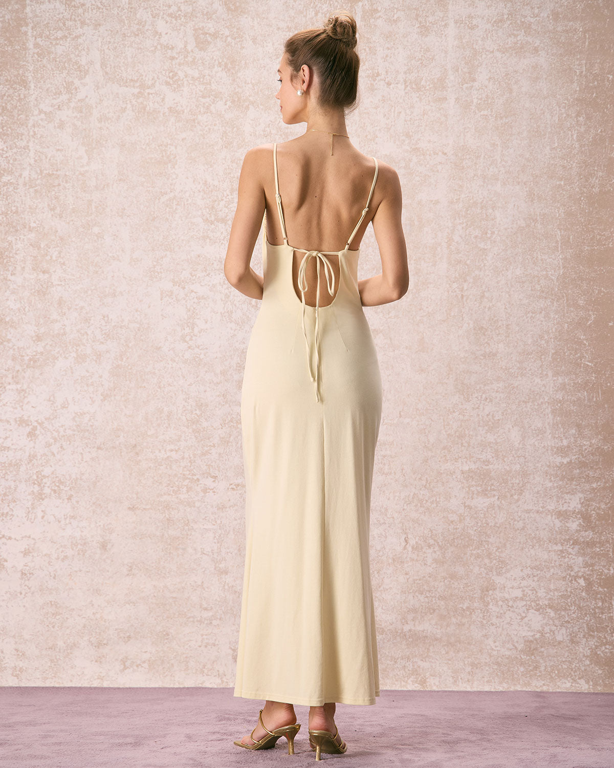 The Yellow Ruched Backless Slip Maxi Dress