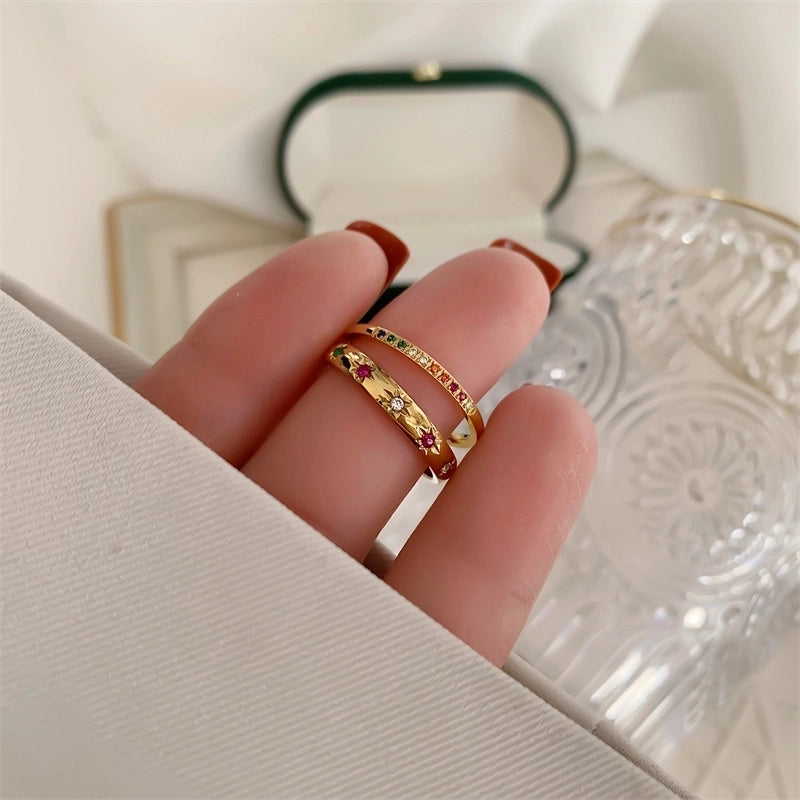 IG Style Minimalist Geometric Titanium Steel Zircon 18K Gold Plated Inlay Rings