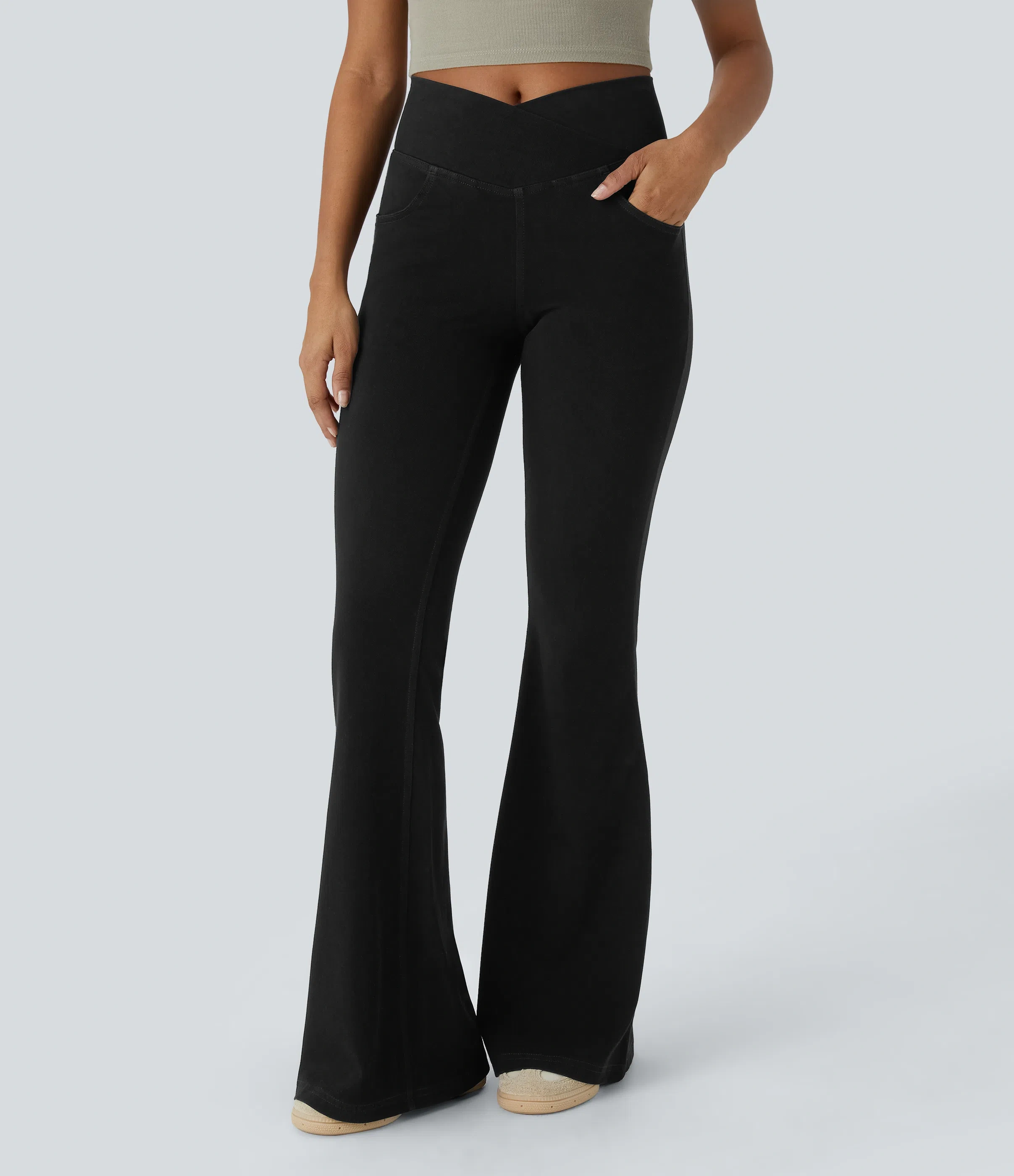 ⚡8 Packs for $25.95⚡- High Waisted Crossover Pocket Washed Stretchy Knit Casual Super Flare Jeans