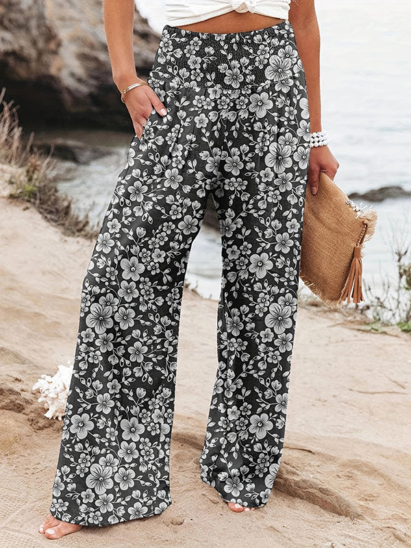 High Waisted Loose Elasticity Flower Print Pleated Pockets Pants Trousers