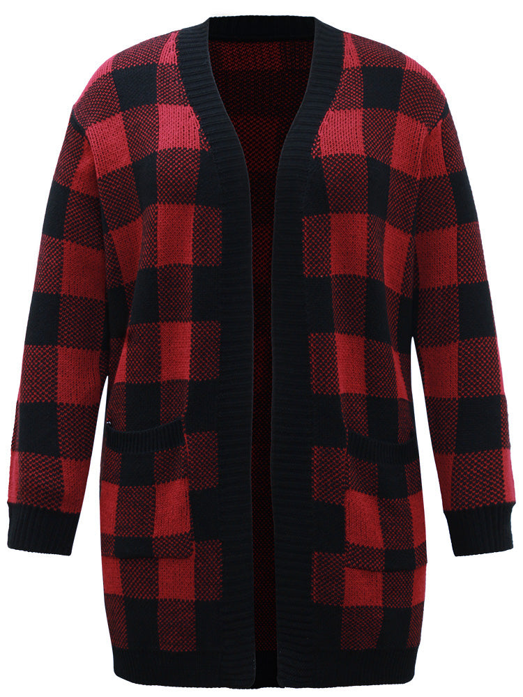 Plaid Patched Pocket Loose Cardigan