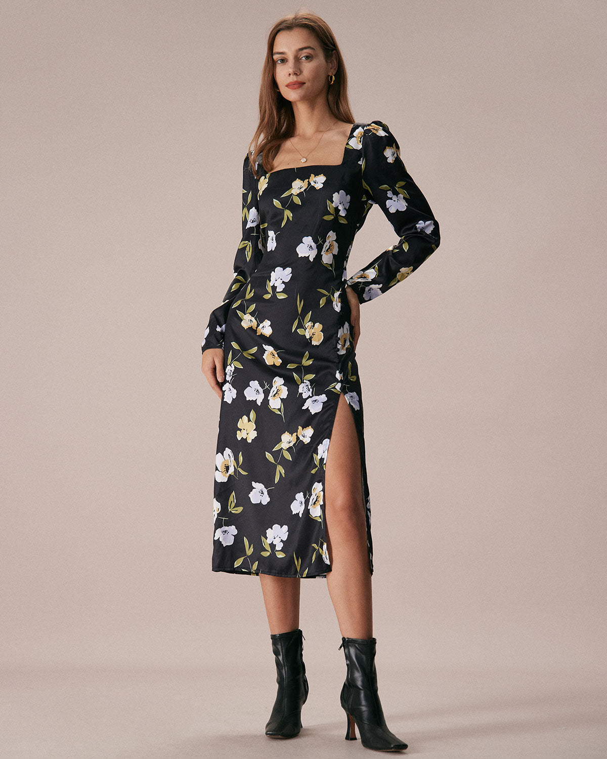 The Black Square Neck Floral Slit Midi Dress