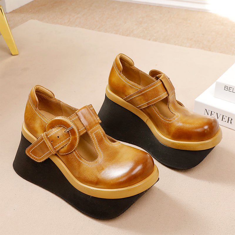80mm Heel Chunky Platform T-Straps Cowhide Wedges Mary Jane in Khaki/Black