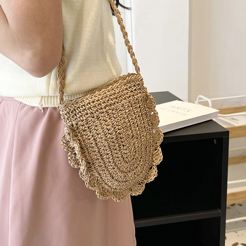 Women's Small Straw Solid Color Vacation Oval Zipper Shoulder Bag Crossbody Bag Straw Bag