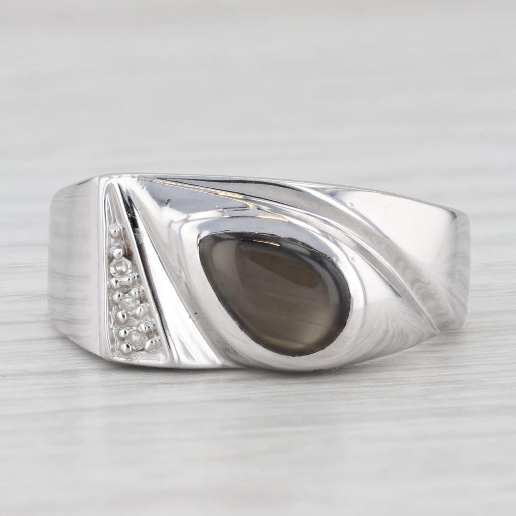 Pear Cabochon Black Star Sapphire Diamond Ring 10k White Gold Size 9.75-10