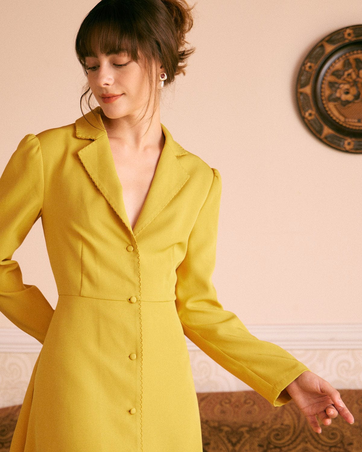 The Yellow Lapel Scalloped Button Mini Dress