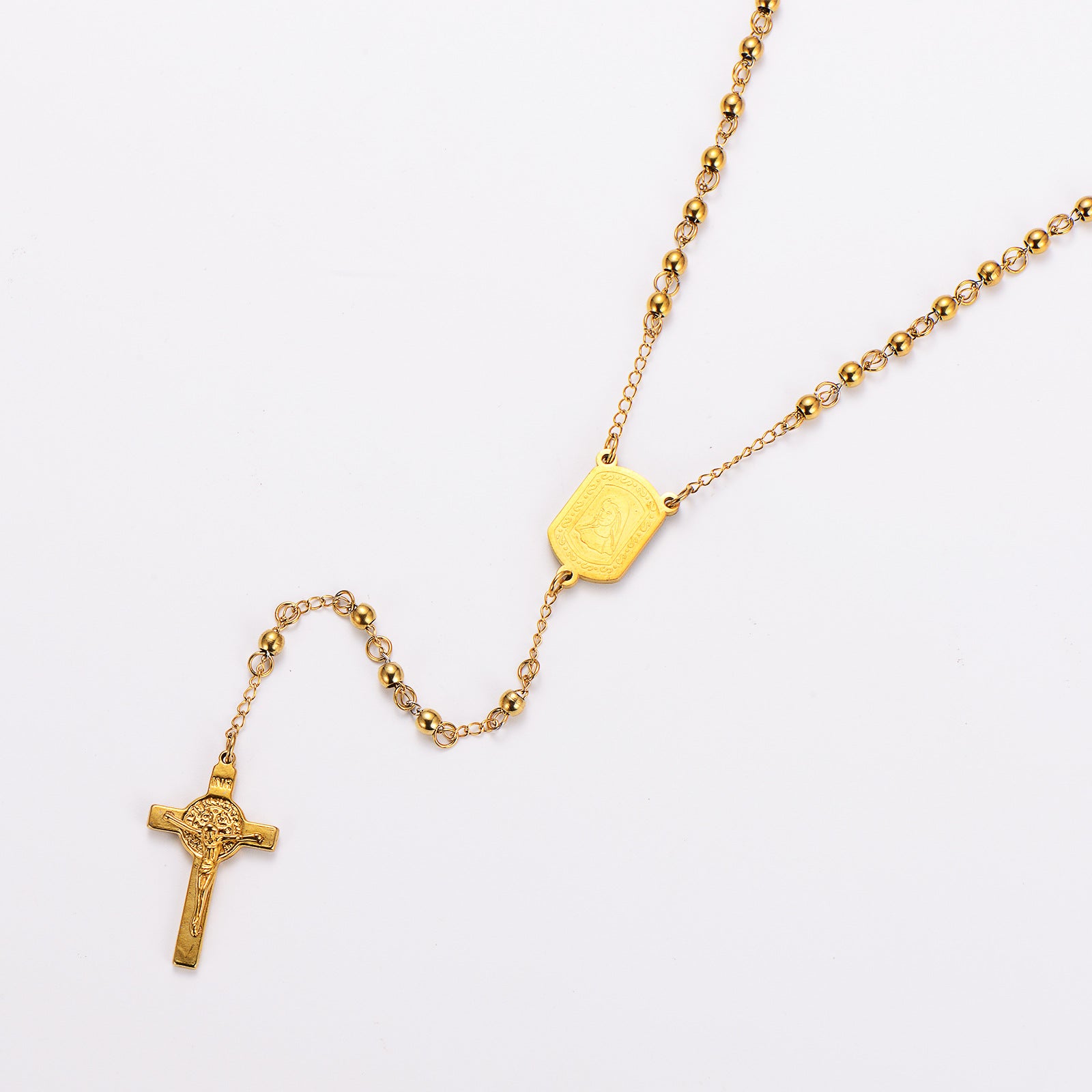 Aml Fashion Stainless Steel Round Beads Rosary Men And Women Cross Necklace Sweater Chain