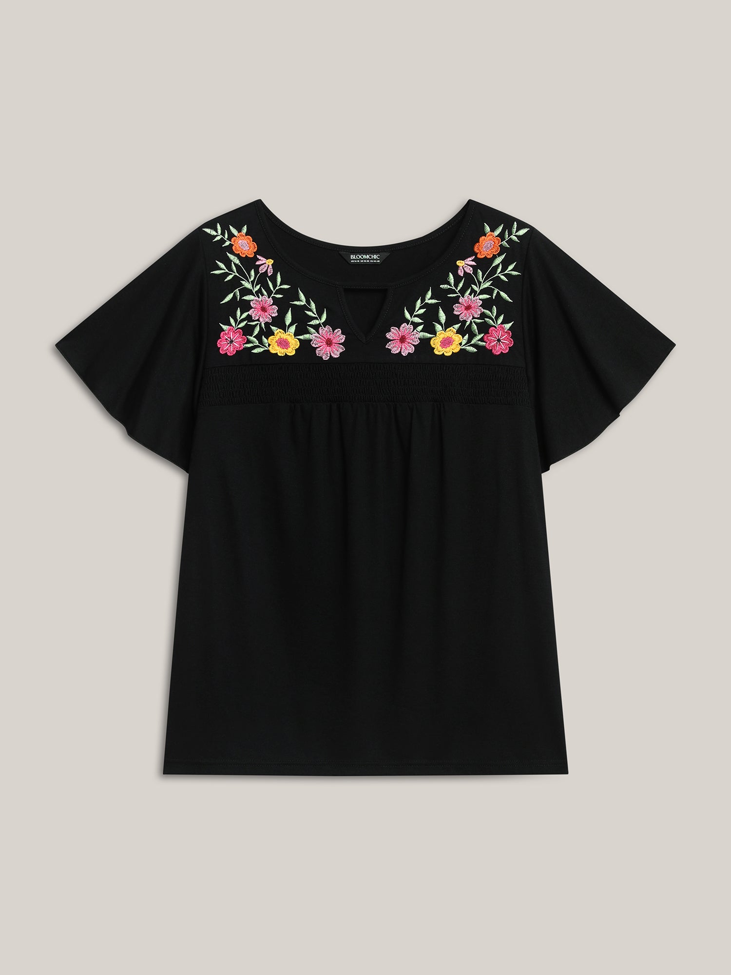 Floral Embroidered Neckline Flared Sleeve Top