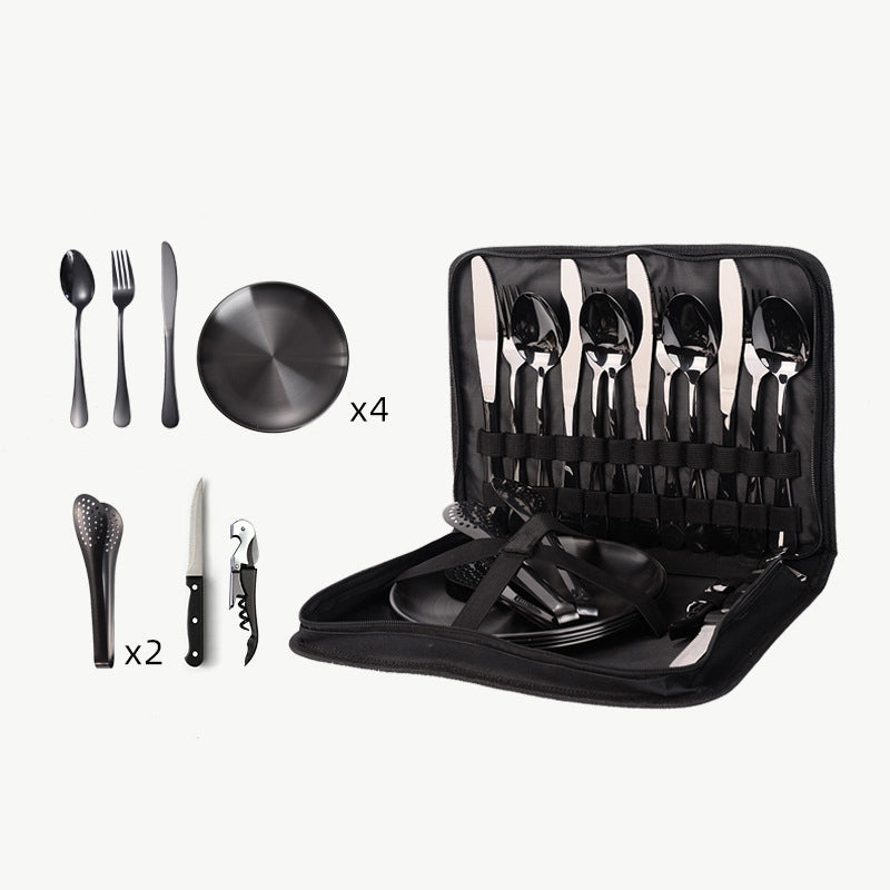 Outdoor Travel Stainless Steel Tableware Camping Picnic Barbecue Plate Clip Steak Knife. Fork And Spoon Suit Portable Storage Bag