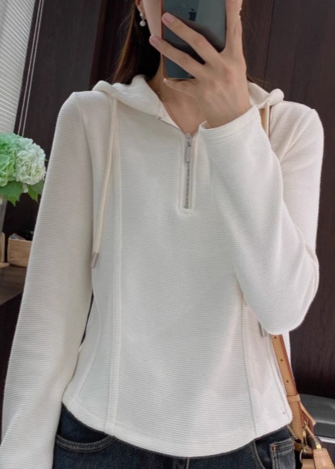 Women Grey Hooded Zippered Cotton T Shirt Spring