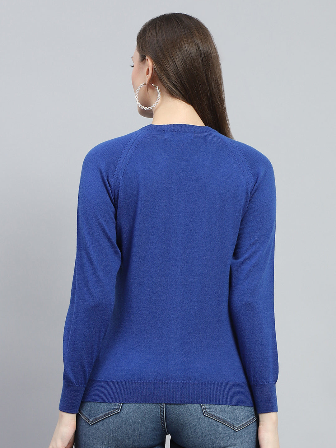 Women Blue Solid Round Neck Full Sleeve Cardigan