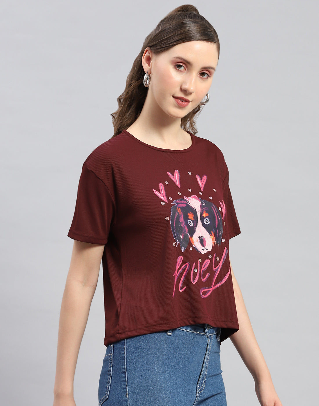 Women Maroon Printed Round Neck Half Sleeve Top