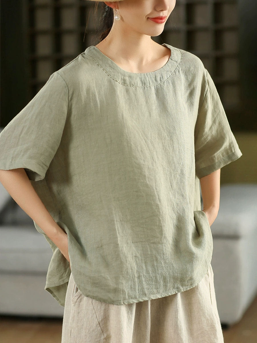 Women Summer Retro Pure Color O-Neck 100%Linen Shirt