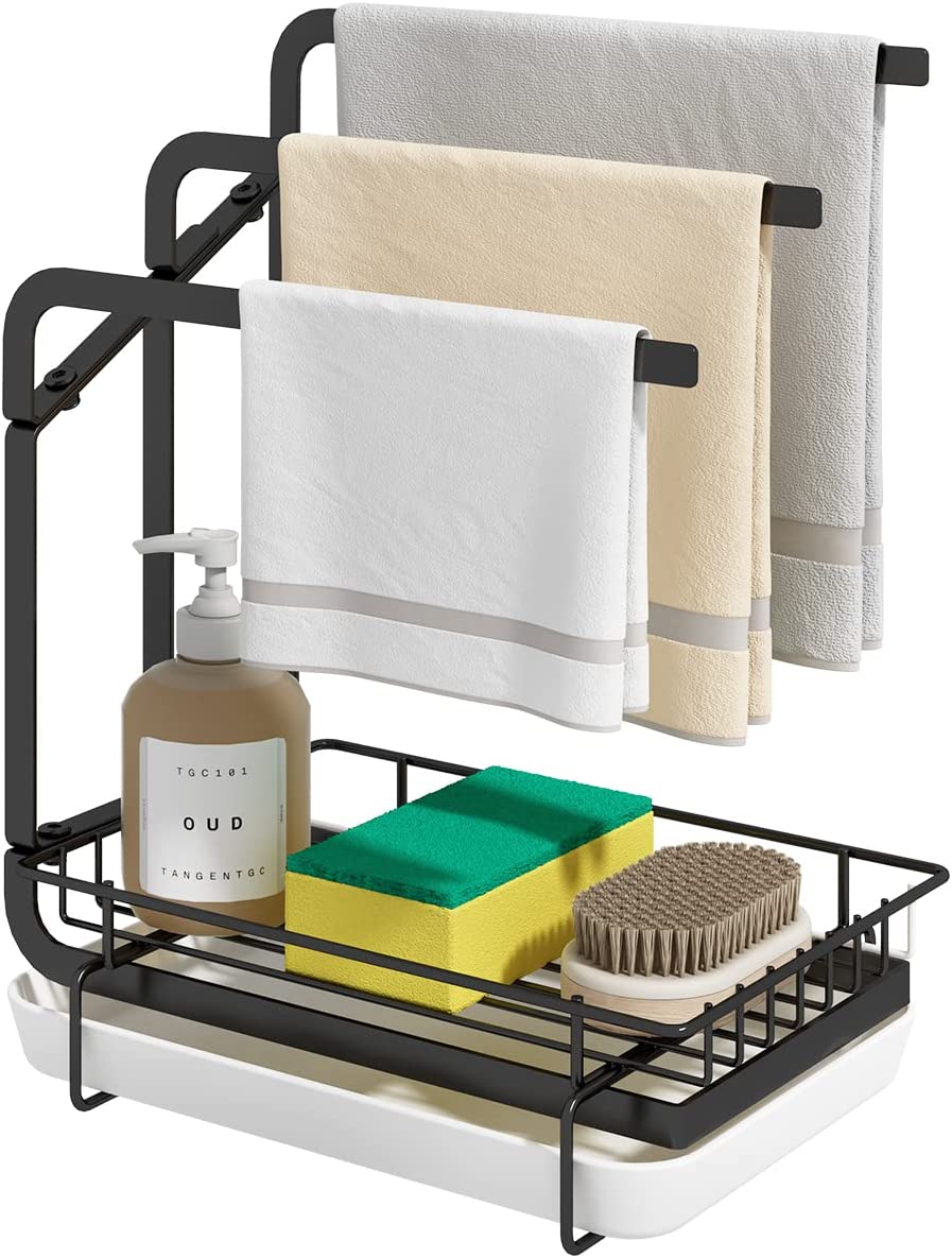 3 POLE Kitchen Sink Caddy Organizer For Sponge Brush Soap Dish Dishcloth Rack