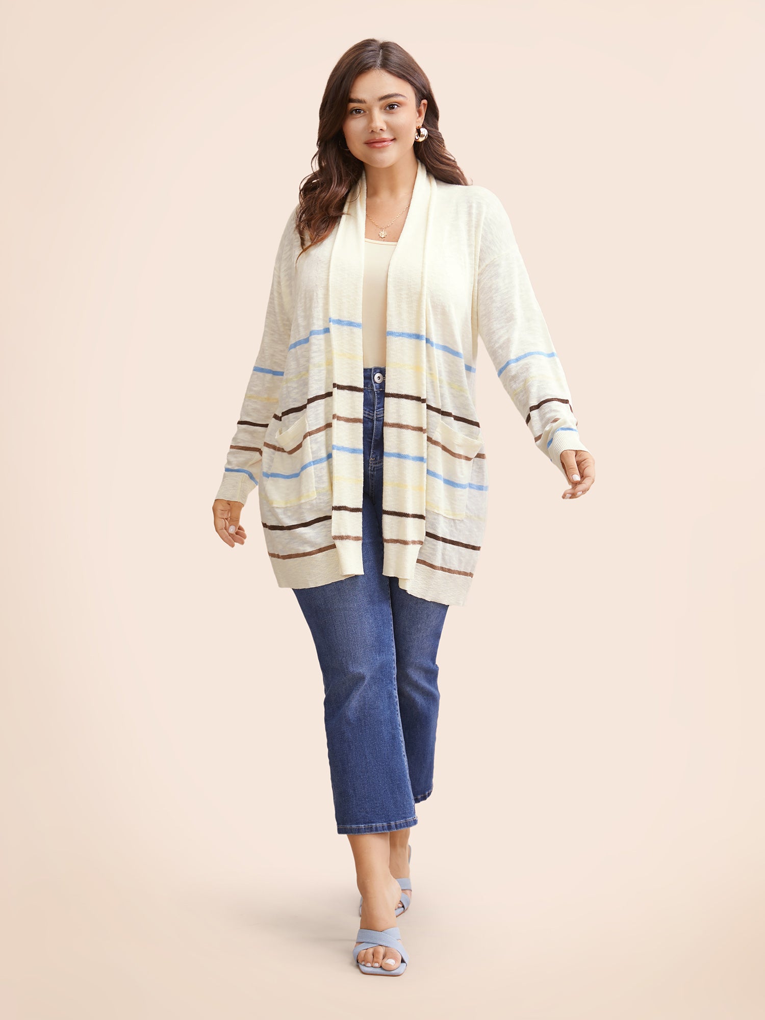 Contrast Striped Pocket Open Front Cardigan