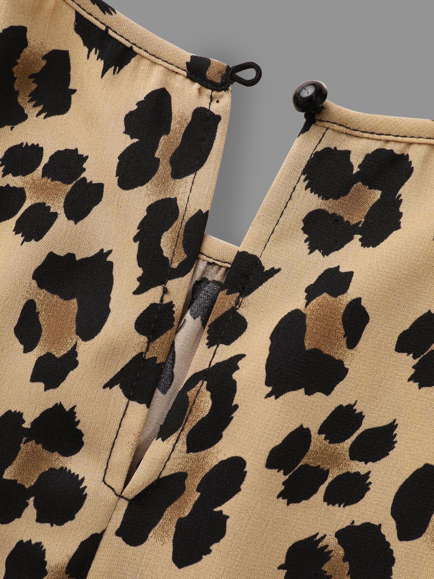 Leopard Print Mock Neck Gathered Blouse