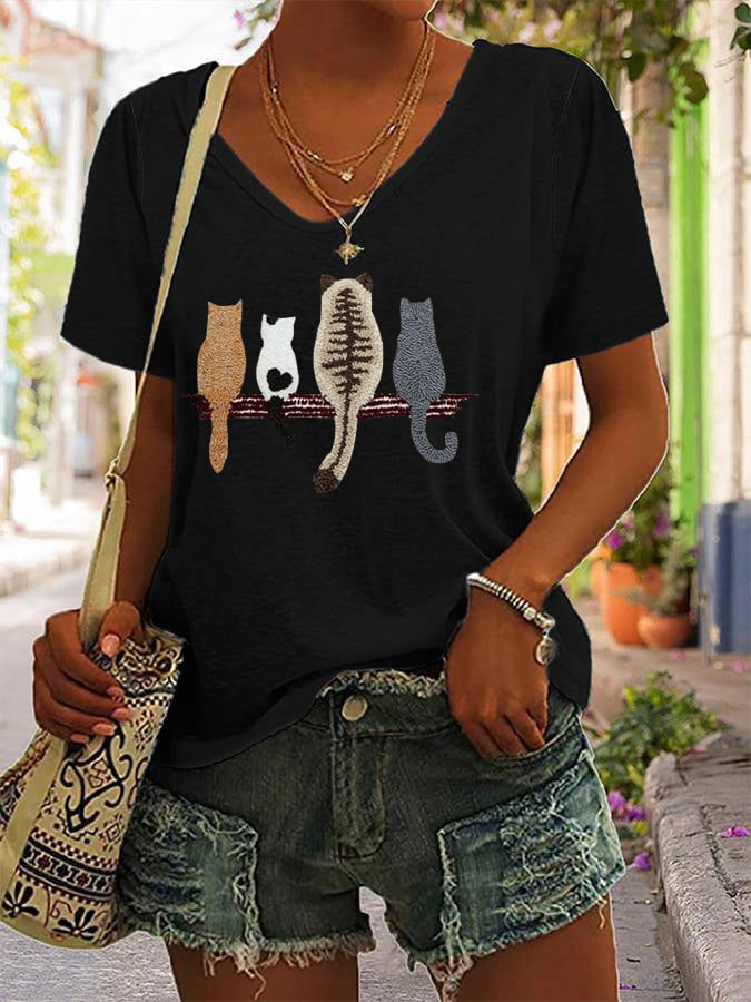 Women's Cat Back Pattern Print V-Neck T-Shirt