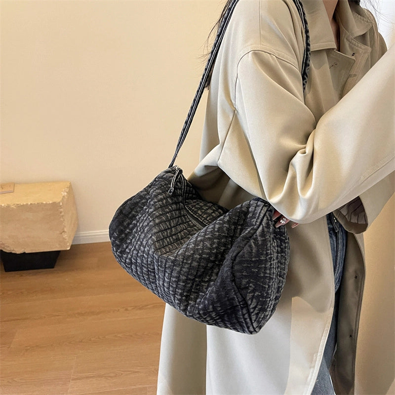 Women's Large Denim Solid Color Streetwear Pillow Shape Zipper Shoulder Bag Crossbody Bag