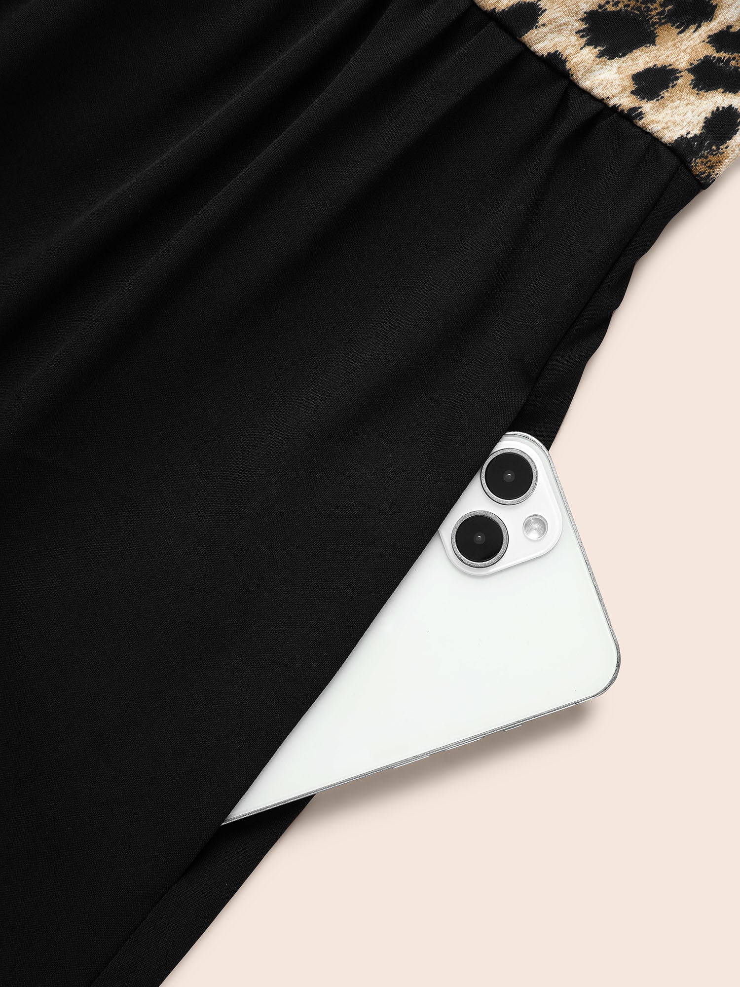 Notched Collar Leopard Print Patchwork Dress