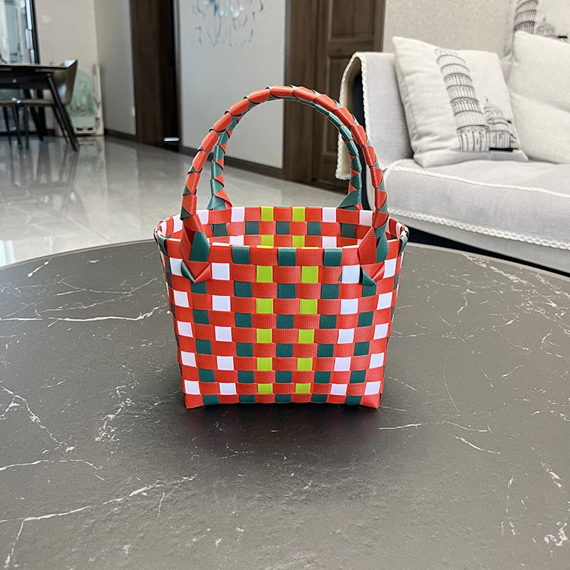 Women's PVC Color Block Plaid Vacation Weave Square Open Square Bag