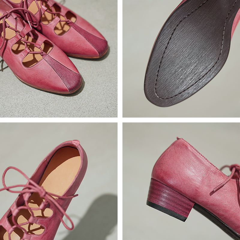 Elegant Washed Horse Leather Mary Jane Shoes with Cross-Strap Design Pink/Grey/Blue
