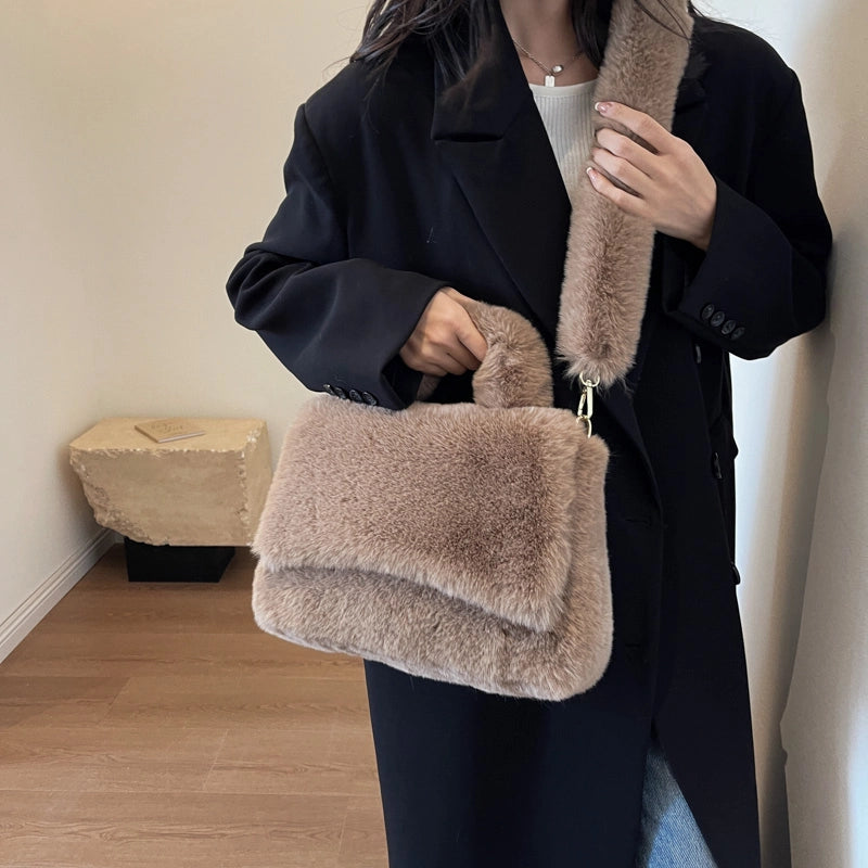 Women's Plush Solid Color Cute Basic Sewing Thread Square Flip Cover Square Bag