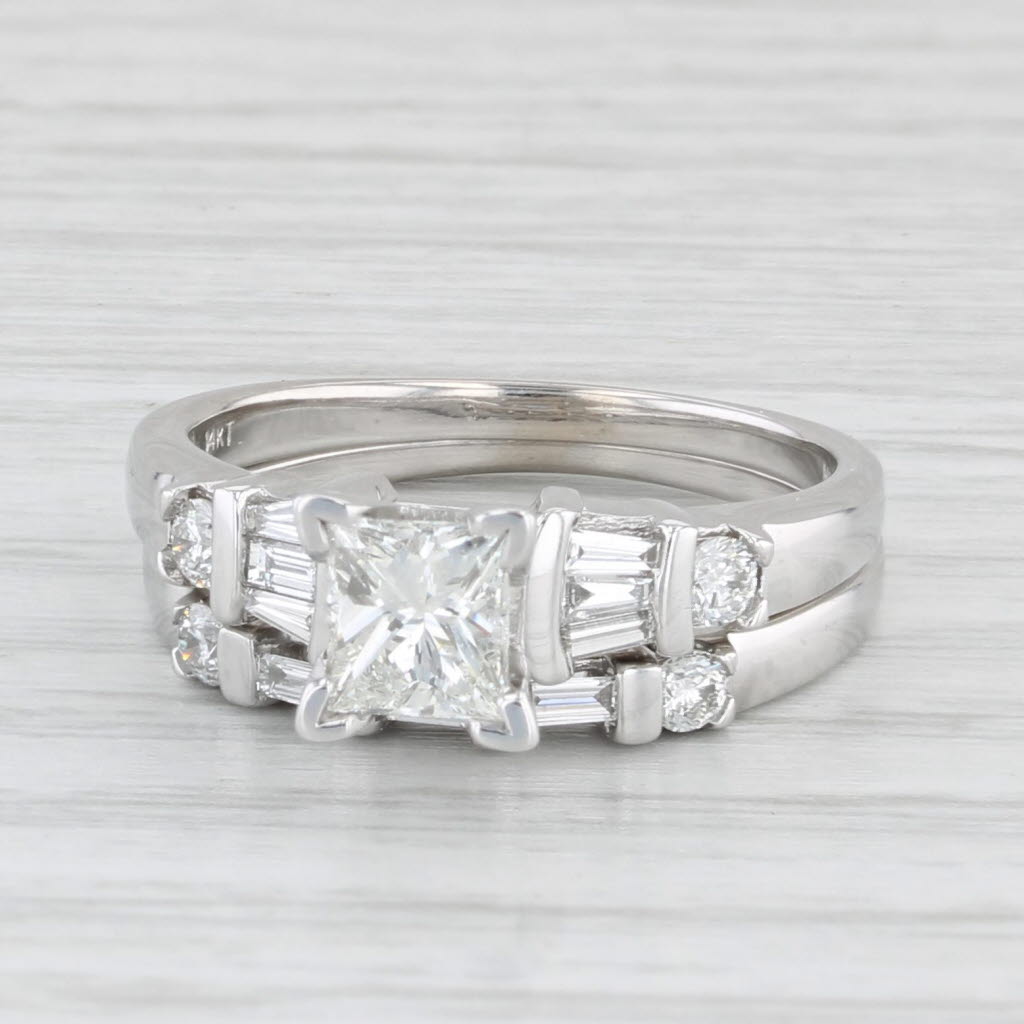 1.07ctw Diamond Princess Cut 14k White Gold Bridal Set Engagement Ring Size 7.25