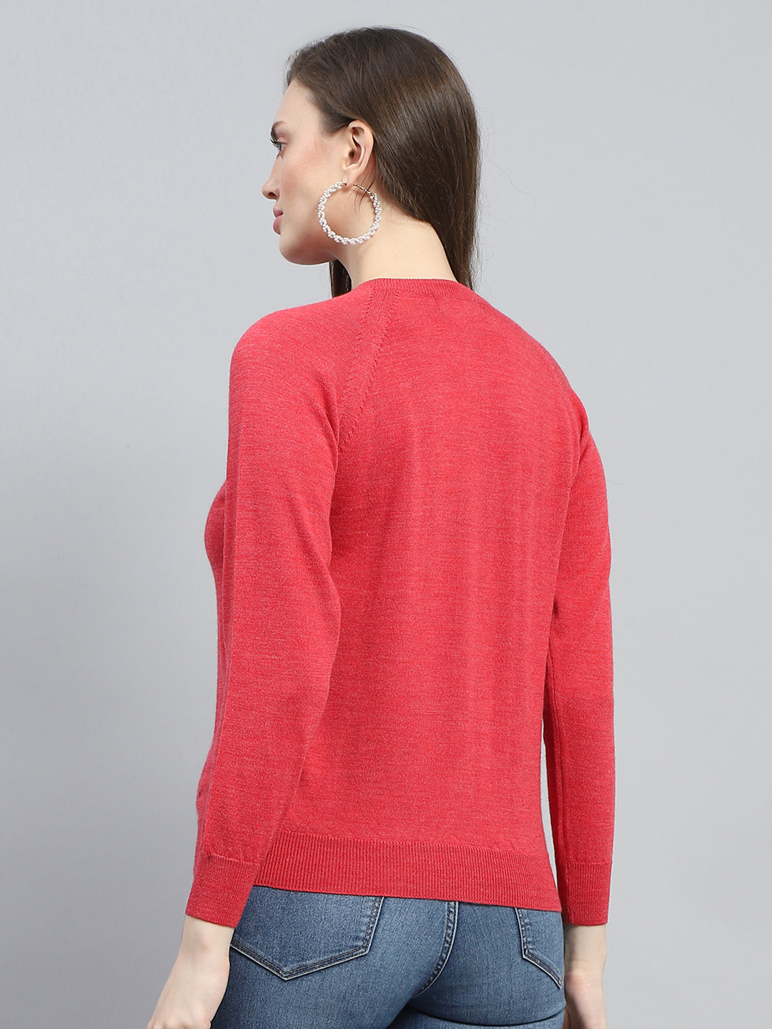 Women Red Solid Round Neck Full Sleeve Cardigan