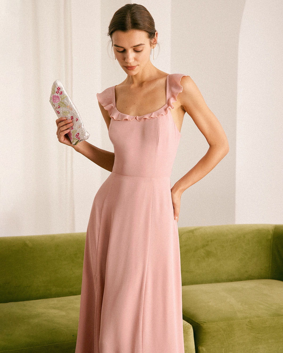 The Pink Ruffled Sleeveless Slit Maxi Dress