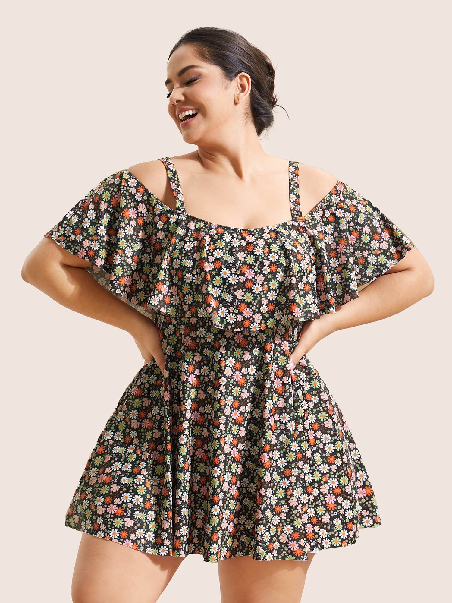 Ditsy Floral Ruffles Cold Shoulder Swim Dress