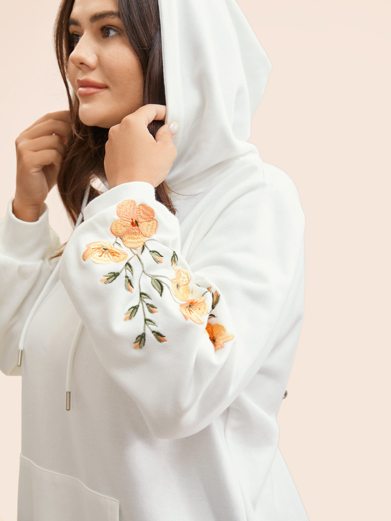 Floral Embroidered Hooded Drawstring Sweatshirt