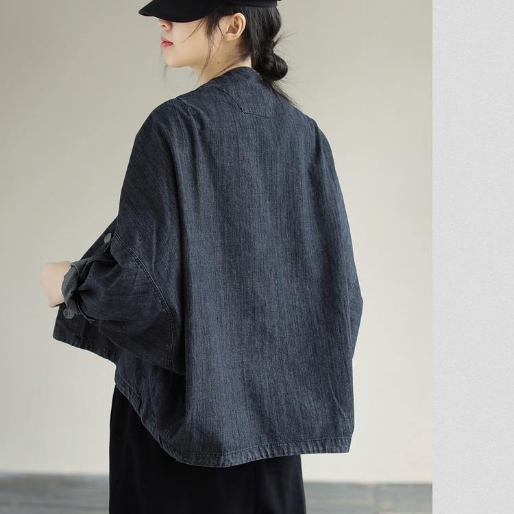 Women Denim Black Coats V Neck Button Down Spring Coats