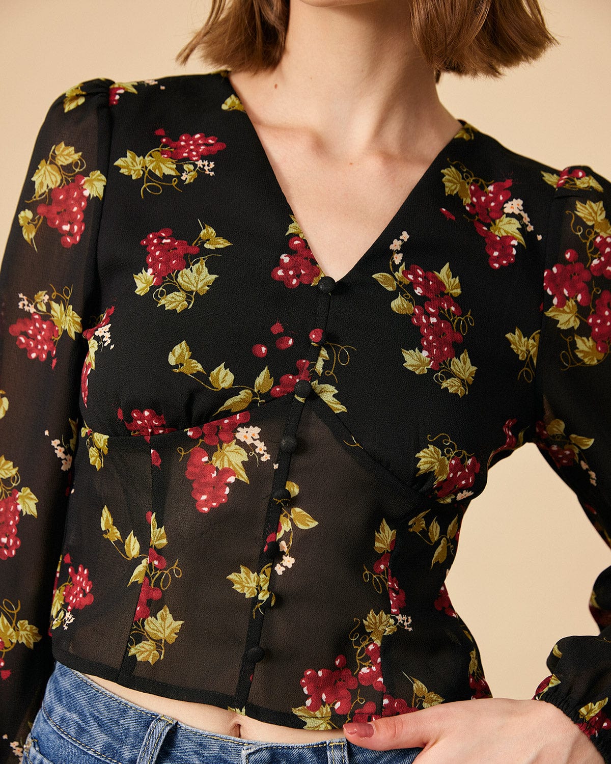 The V Neck See-through Sleeve Floral Blouse