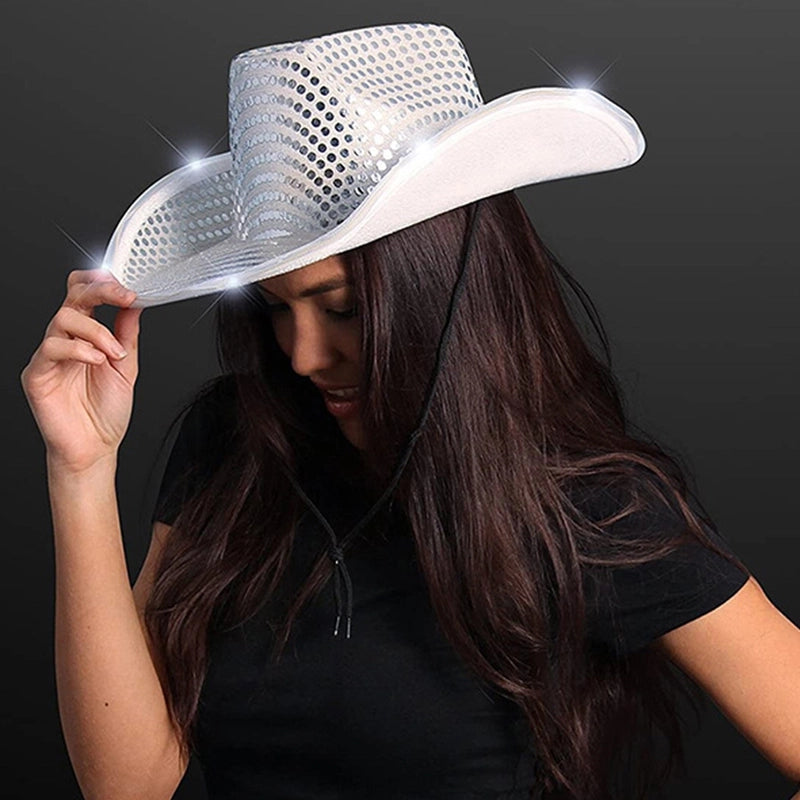 Hot Sequin Beads Luminous Hat Halloween Performance Luminous Hat Jazz Hat With Light Color Cowboy Hat