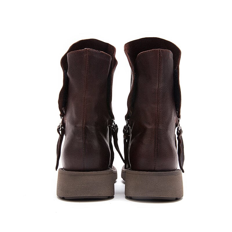 Leather Zip Boots Retro Riding Boots Women Chunky Wrinkled Ankle Boots Black/Coffee